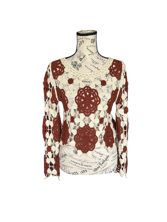 Rebellion Tops - Rebellion Crochet Floral Openwork Sweater - Cream & Rust